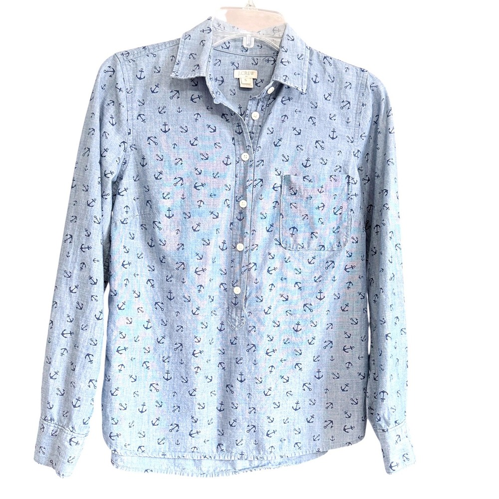 J.Crew Womens Blue Anchor Print‎ Chambray Popover Shirt Cotton Size S Nautical